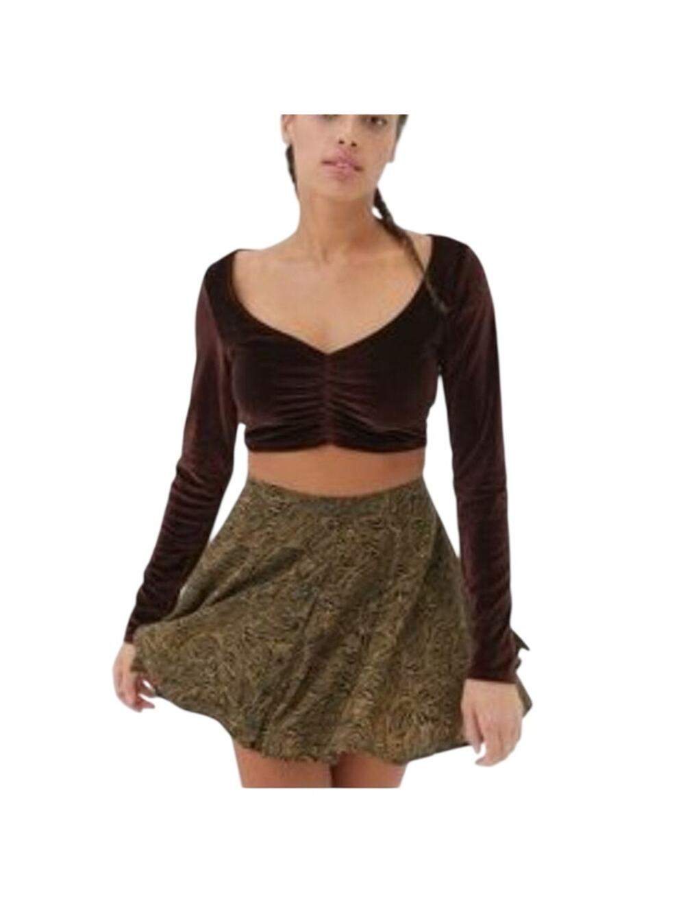 UO Retro Babydoll Crop Ribbed Knit Top M Chocolate Brown Velvet M Ruched Earthy